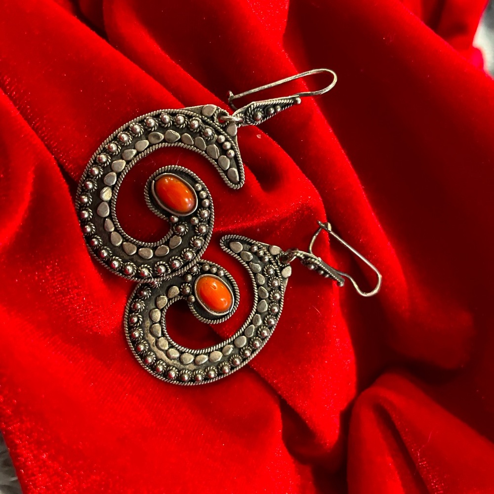 Vintage Mexican 980 Silver and Coral Unique Earrings